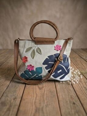Relic Canvas And Leather Tote Floral Leaf 3D Applique Boho Tropical Handbag